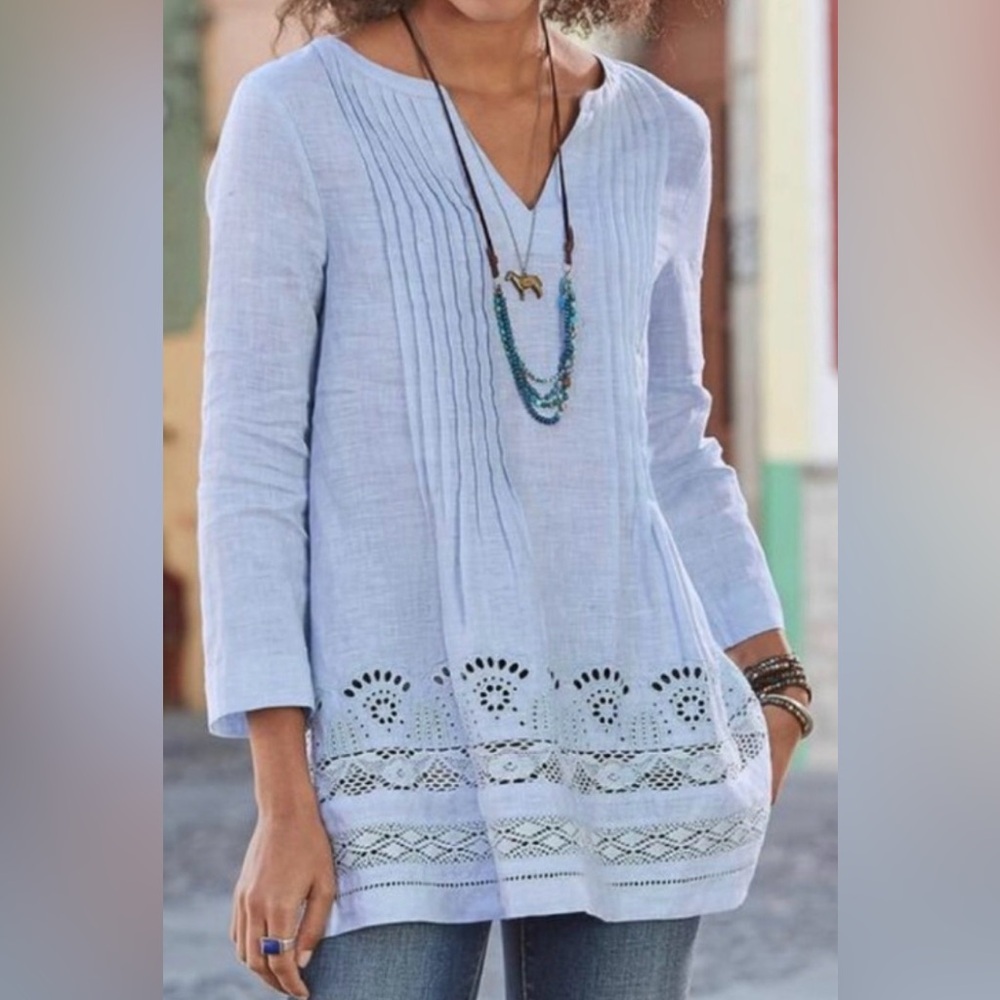 Sundance Alyssa Linen Eyelet Tunic Light Blue Size XS EUC